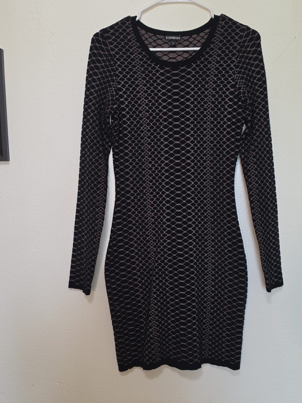 Express Black Long Sleeve Textured Mesh Pattern Dress
